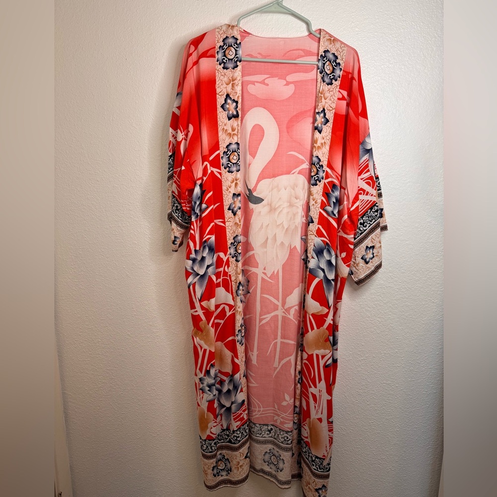 Duster Kimono women’s boho flowy light weight Flamingo orange Kimono M/L